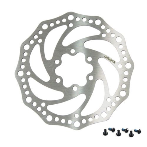 Silver 160mm bike disc brake rotor with six bolt holes on white background