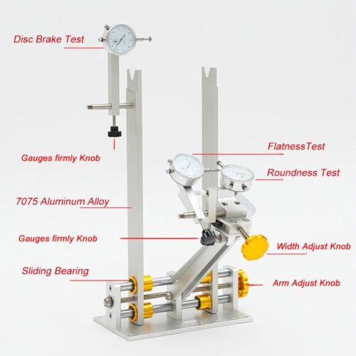 Close‑up Adjustable Caliper Arms on Wheel Truing Stand