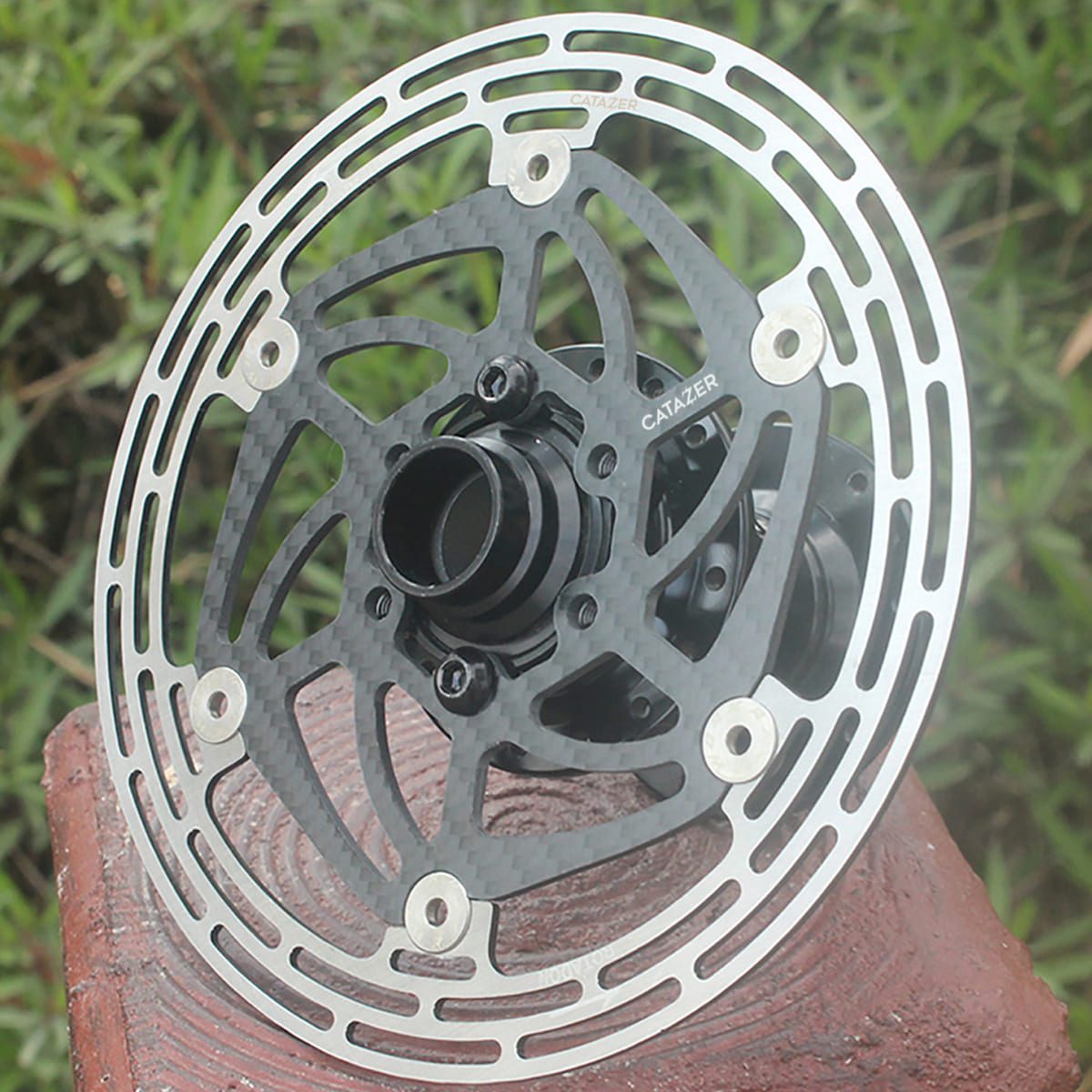 carbon rotor installed on bike with 6-bolt hub