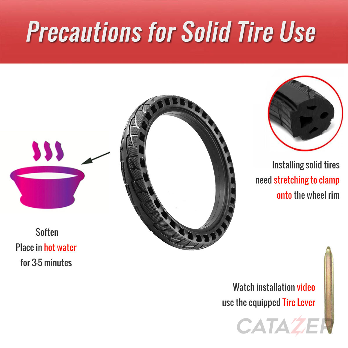 CATAZER 14 inch solid tire installed on electric bicycle comfortable and puncture proof