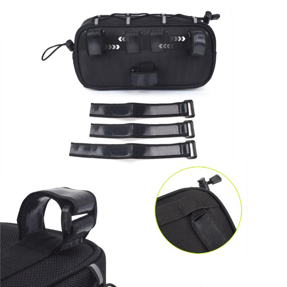 CATAZER 2.1L black handlebar bag showing multiple storage sections and Velcro straps