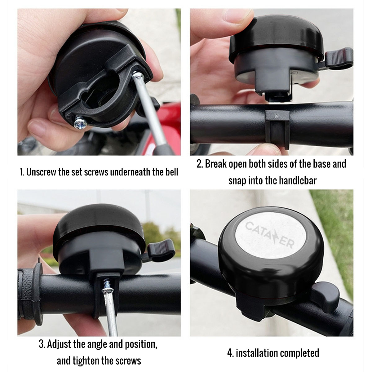 CATAZER Black Bell Installed On Mountain Bike Handlebar – Secure And Stylish CATAZER black bell installed on mountain bike handlebar – secure and stylish
