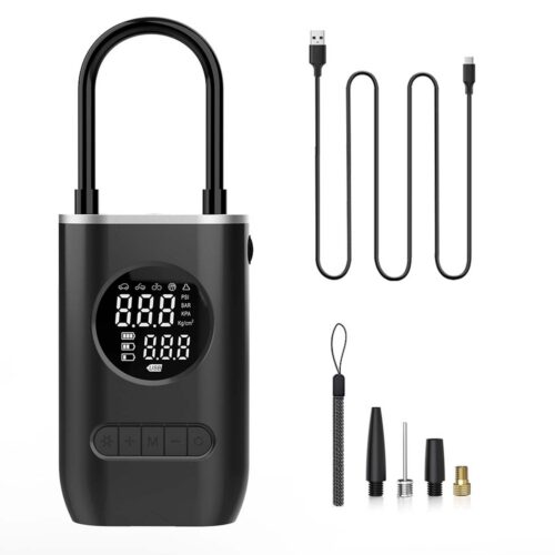 CATAZER portable bike tire pump showing dual digital screens and LED flashlight