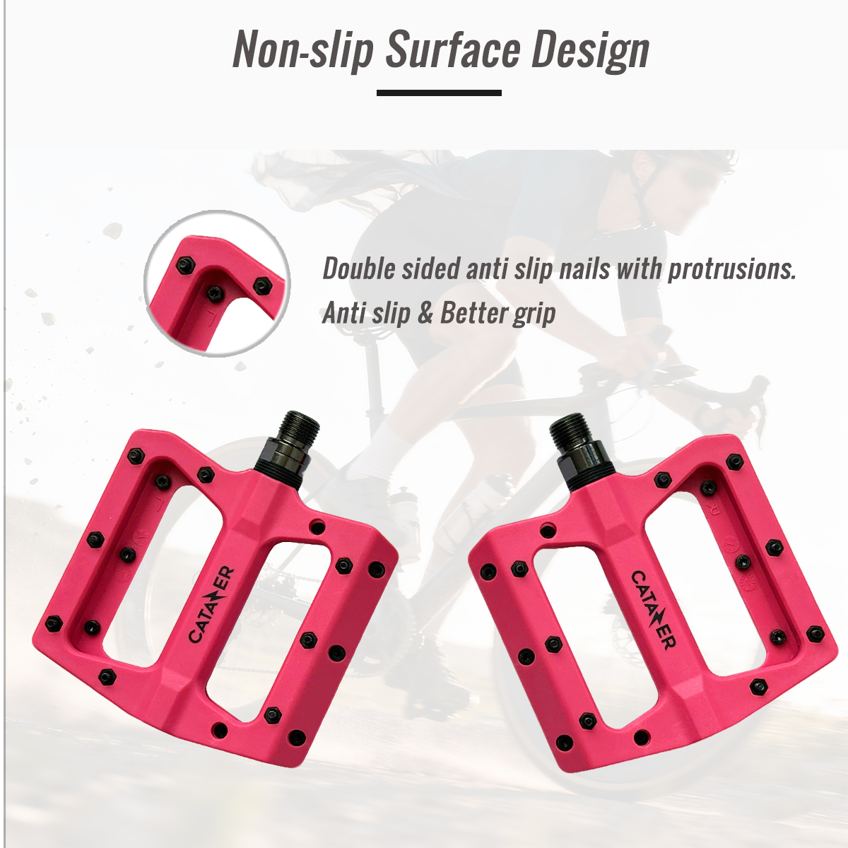 mtb pedals nylon fiber lightweight wide platform pink for cycling 9 16 in including details CP03001.PT03